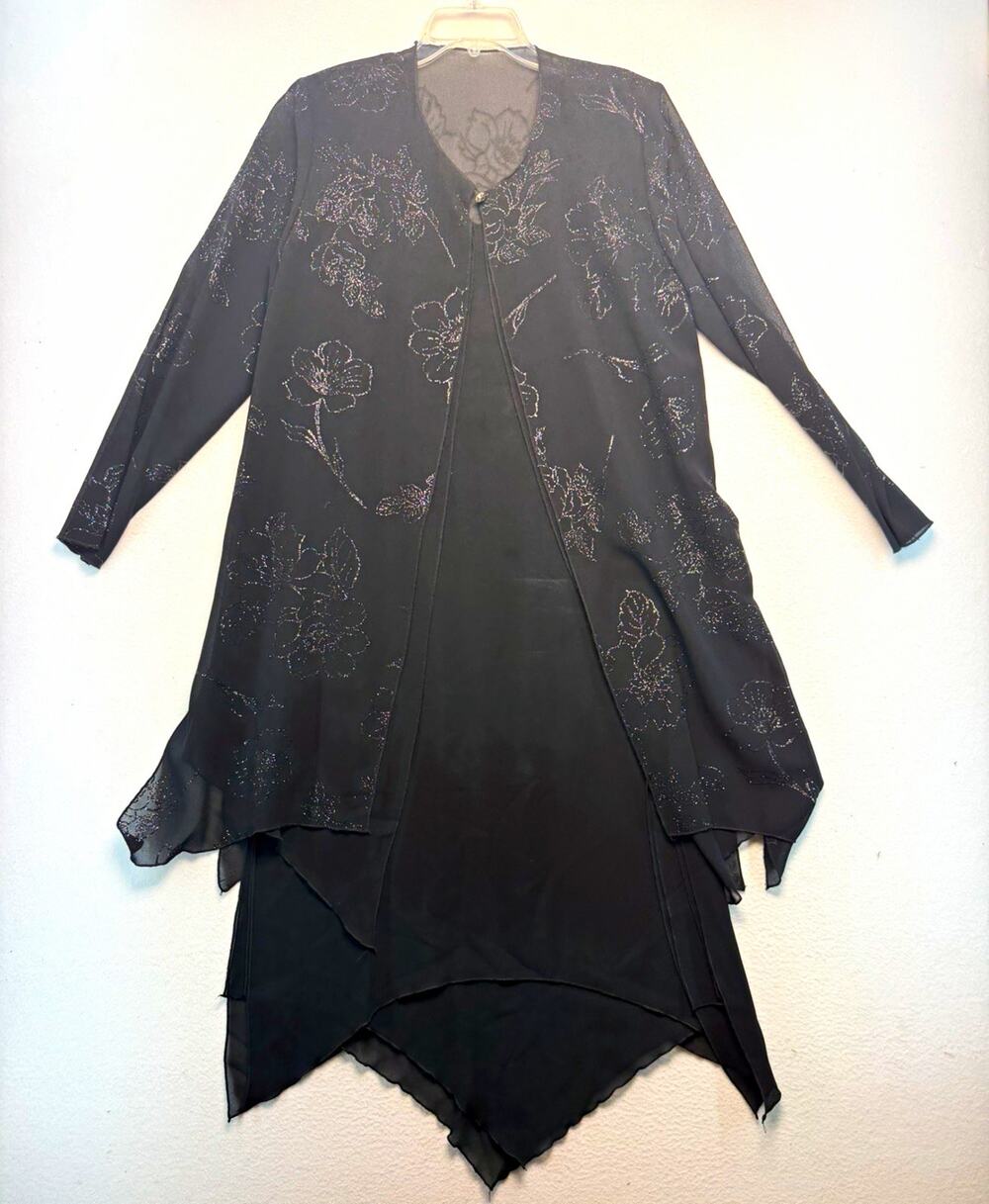 Women’s 10 2pc formal set shiny chiffon tunic/jacket black fairy goth meets glam